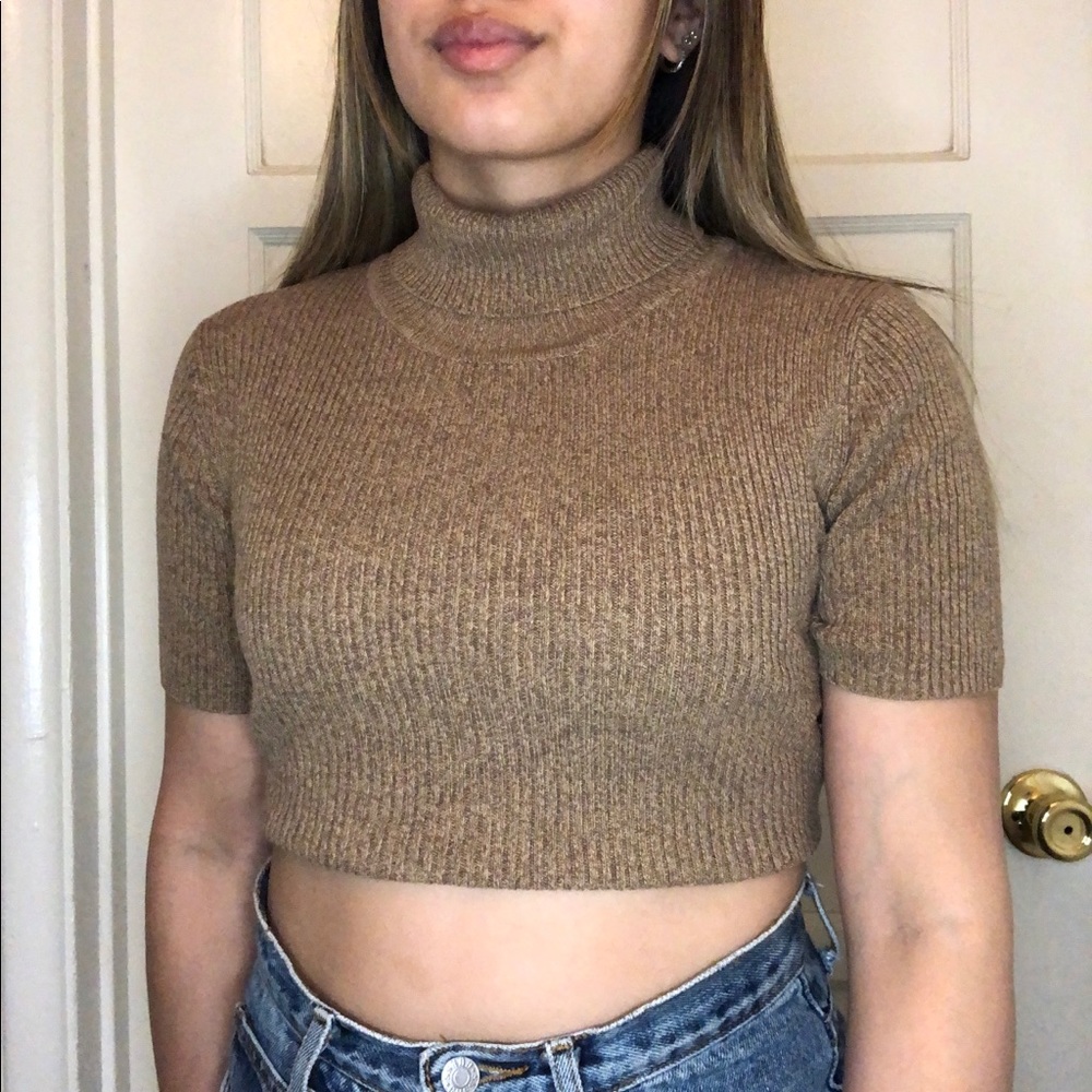 Brown Ribbed Turtleneck Top
